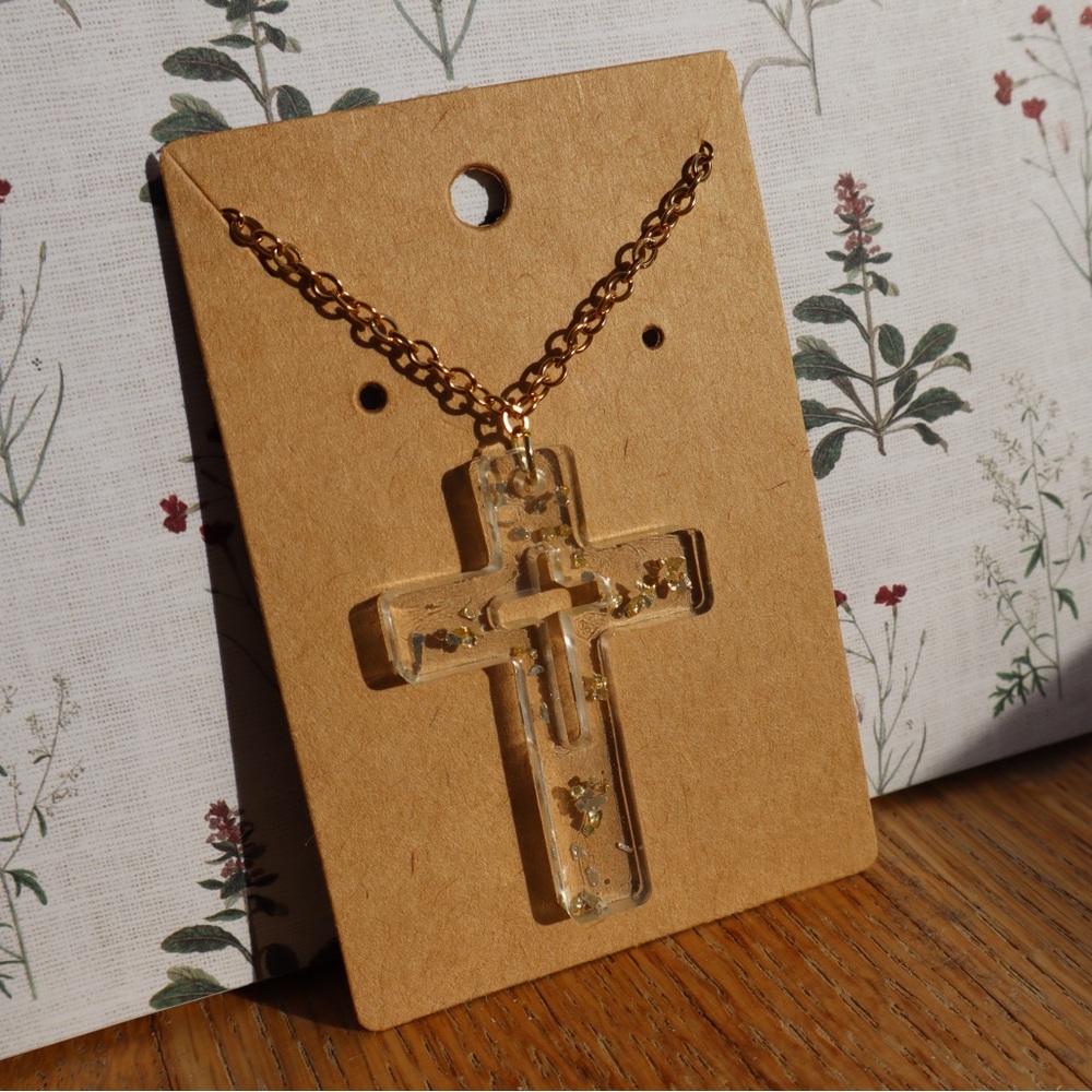 Handcrafted Jesus Christ Cross Resin Pendant Necklace 18k Gold Plated for Women